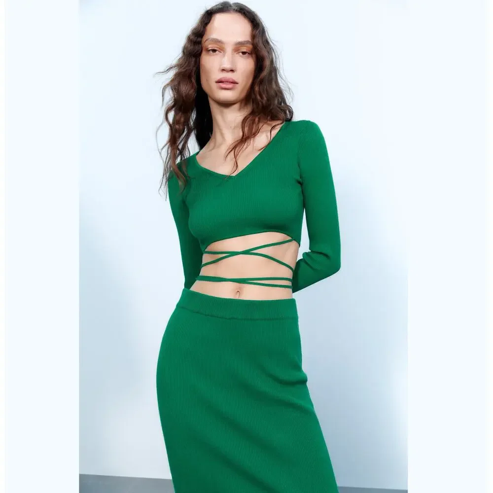 Zara NWT Green Knit Wrap Tie Waist Long Sleeve Crop Top L
